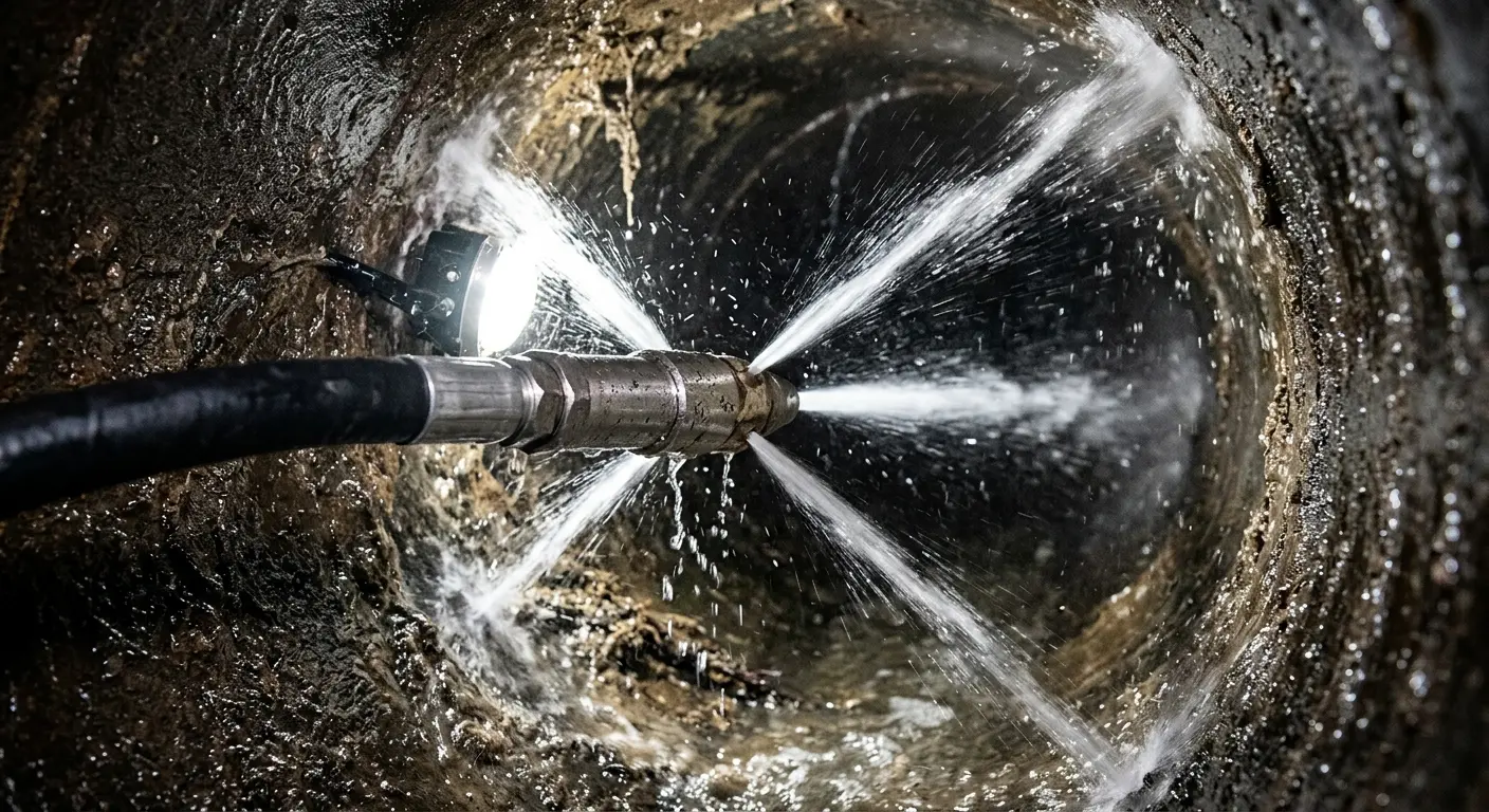 High-pressure hydro jetting nozzle cleaning sewer pipe for Sewer Cleanout in Chatham