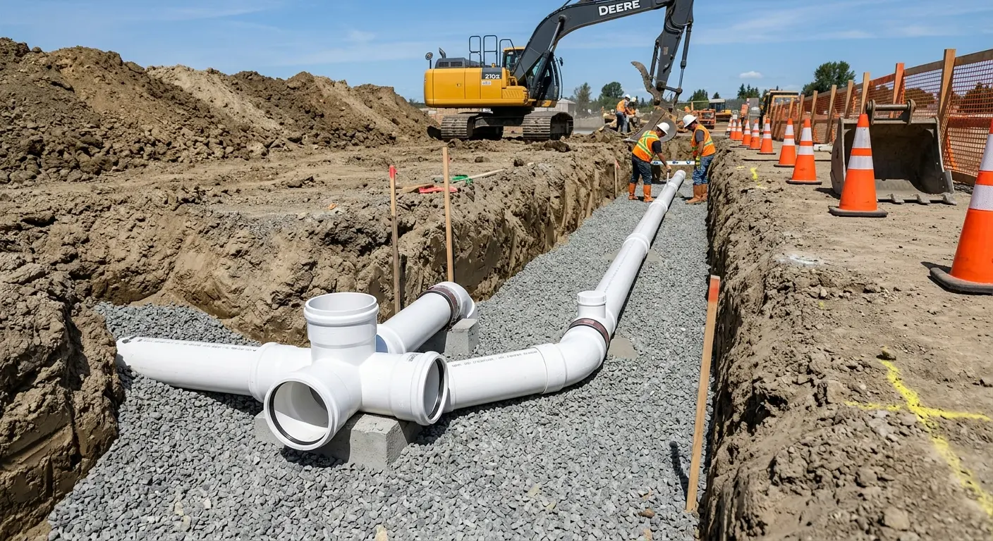New PVC sewer pipe installation in open trench for Commercial Drain Cleaning in Chatham