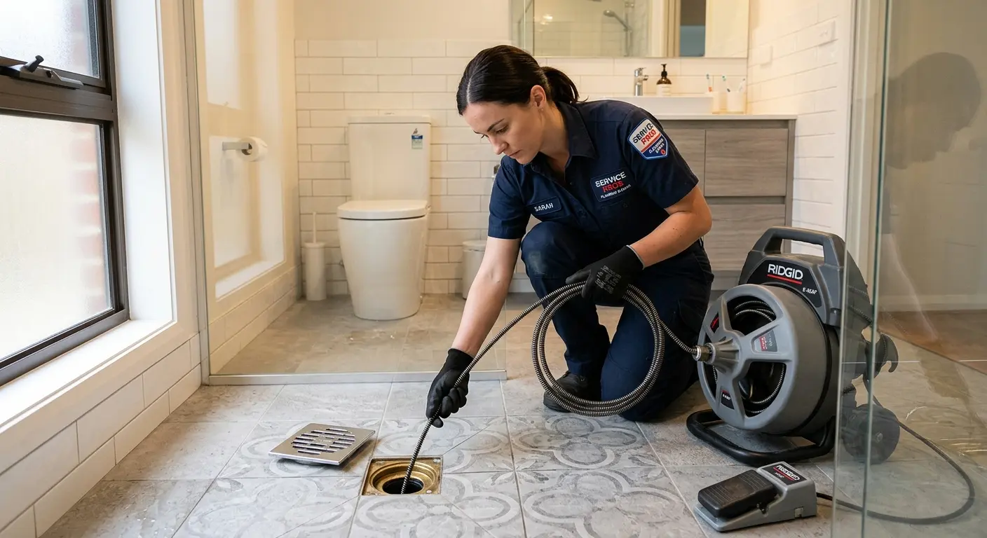 Technician clearing a bathroom floor drain for Hydro Jetting in Chatham